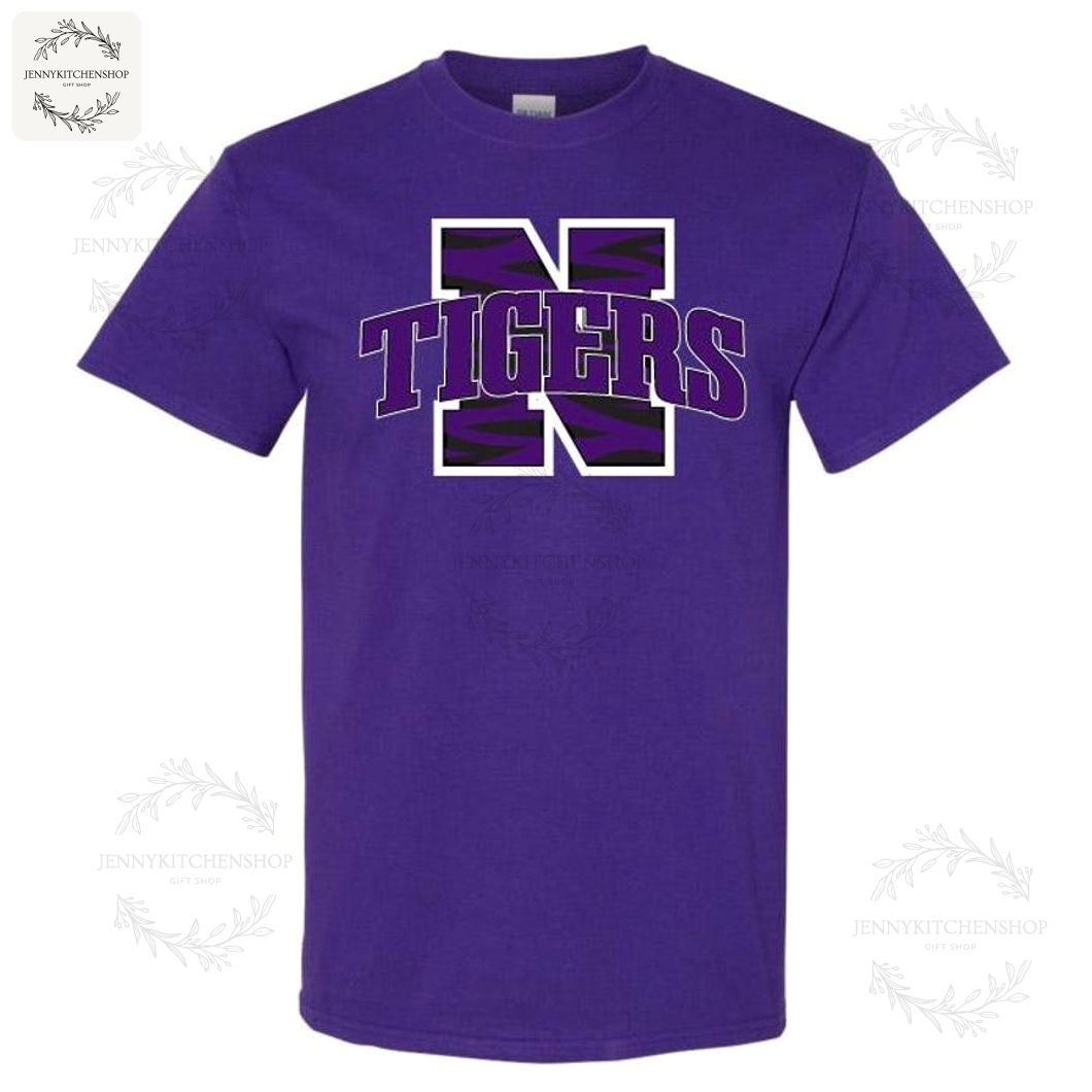 Purple Varsity Tiger Spirit Tee – Retro College Letter Fan Shirt