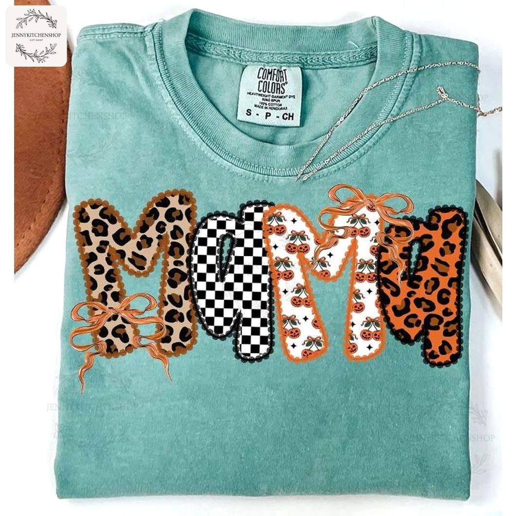Retro Mama Pumpkin Patchwork Tee – Leopard, Checkered & Autumn Vibes Shirt