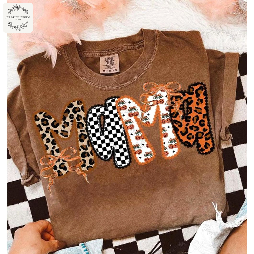 Retro Mama Pumpkin Patchwork Tee – Leopard, Checkered & Autumn Vibes Shirt