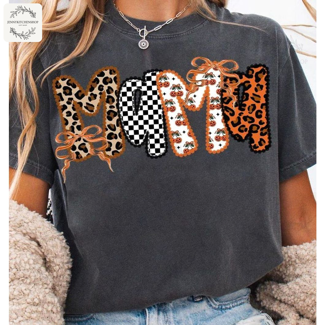 Retro Mama Pumpkin Patchwork Tee - Leopard, Checkered & Autumn Vibes Shirt