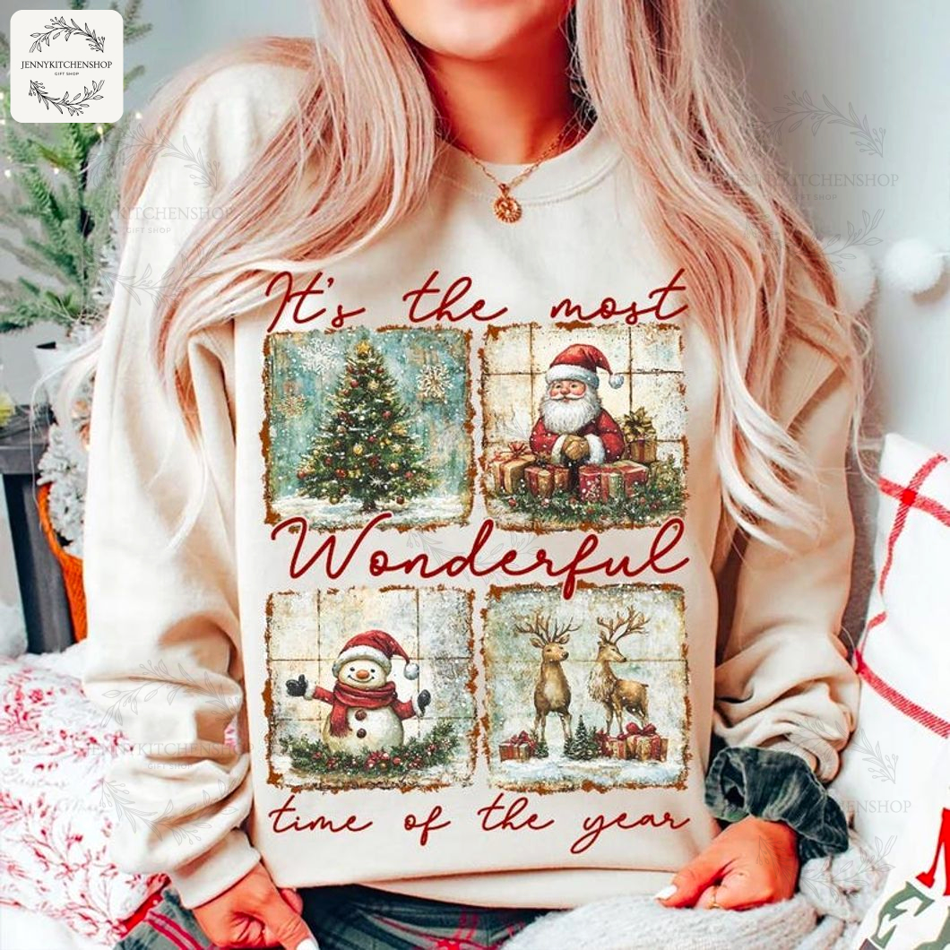 Vintage Holiday Cheer Sweatshirt – Santa, Snowman & Rustic Christmas Scene Pullover