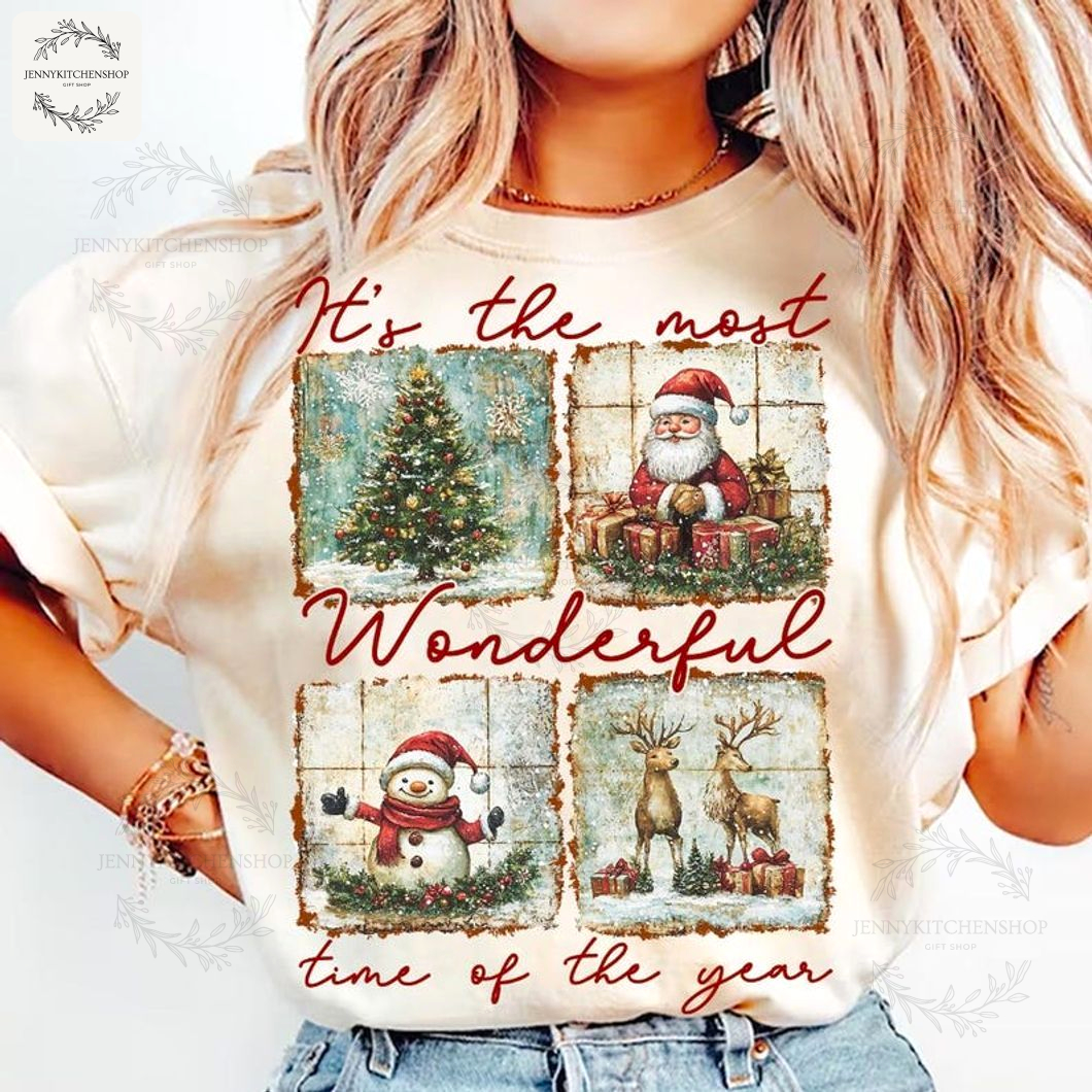 Vintage Holiday Cheer Sweatshirt – Santa, Snowman & Rustic Christmas Scene Pullover