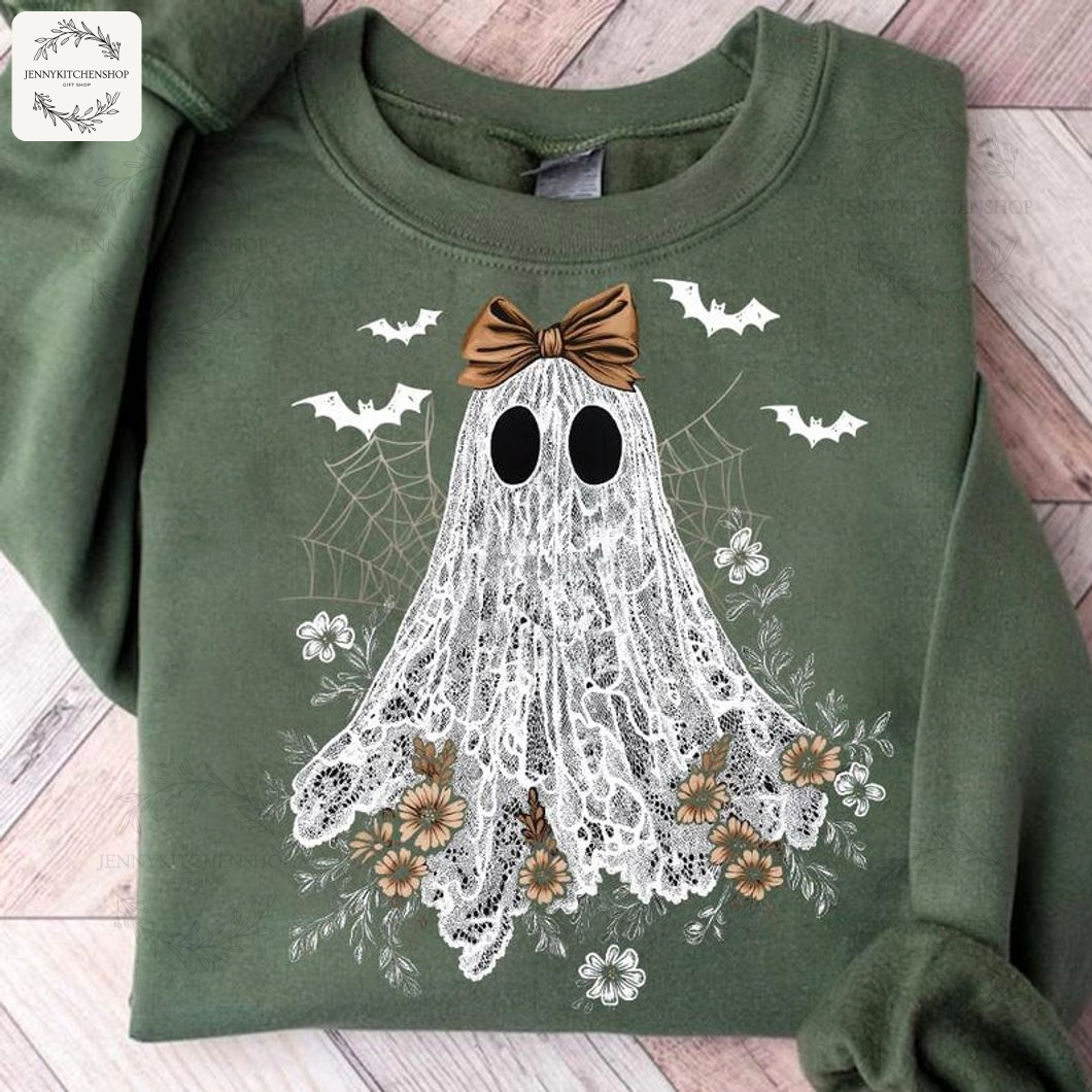 Vintage Lace Ghost Floral Crewneck – Cozy Halloween Sweatshirt
