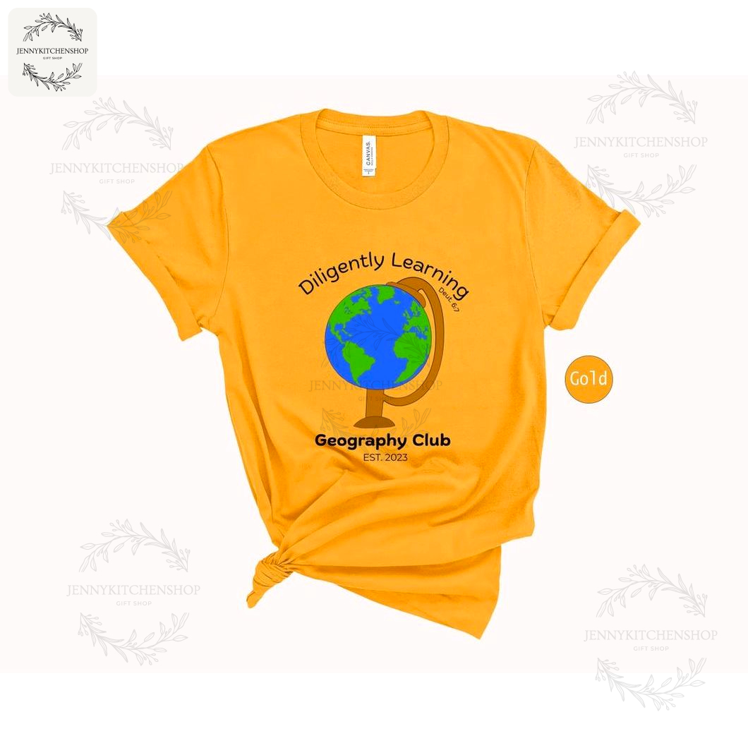 Yellow Geography Club Globe Tee – Homeschool, Teacher & Student Gift, EST 2023 Earth Map Shirt