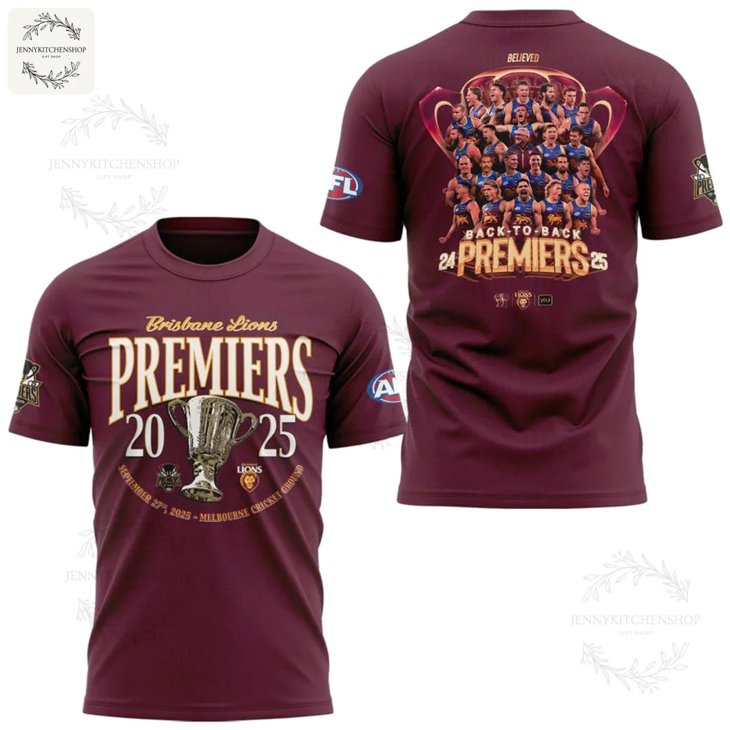 Front and back view of the maroon AFL Brisbane Lions 2025 Premiers t-shirt, celebrating a back-to-back championship.