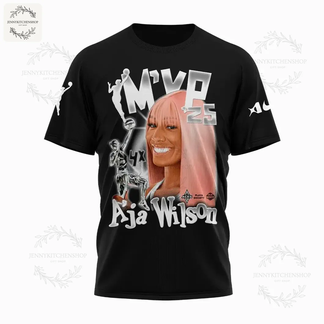 Front view of a black T-shirt with large MVP graphic and A'ja Wilson text