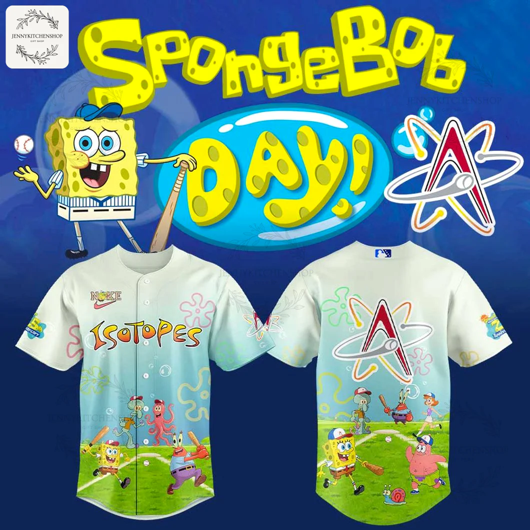 Promotional image showing the front and back of the Albuquerque Isotopes SpongeBob 2025 Day baseball jersey with characters.
