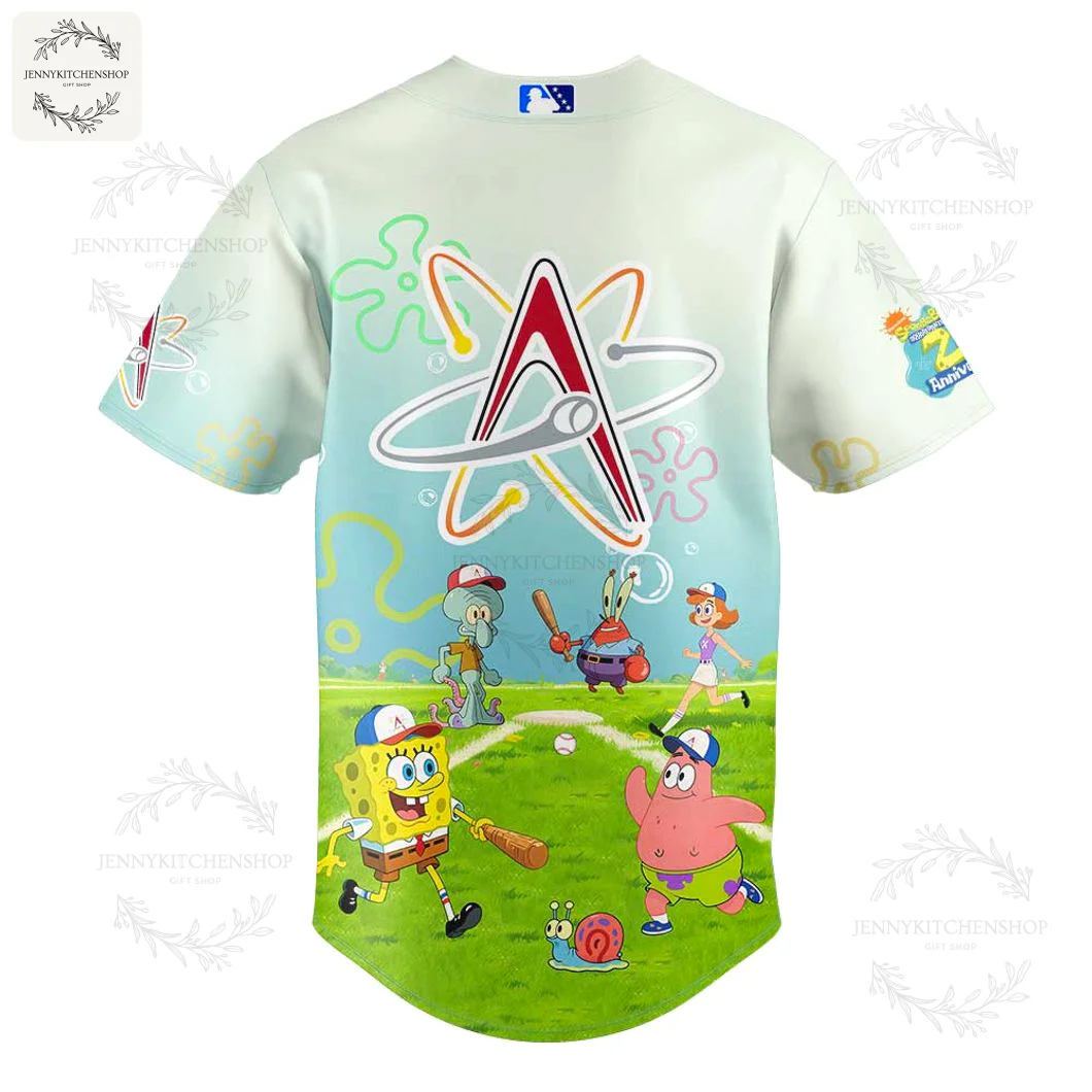 Back View of the Albuquerque Isotopes SpongeBob Day Jersey Back of the Albuquerque Isotopes SpongeBob jersey with the team logo and characters like Patrick Star and Sandy Cheeks playing.