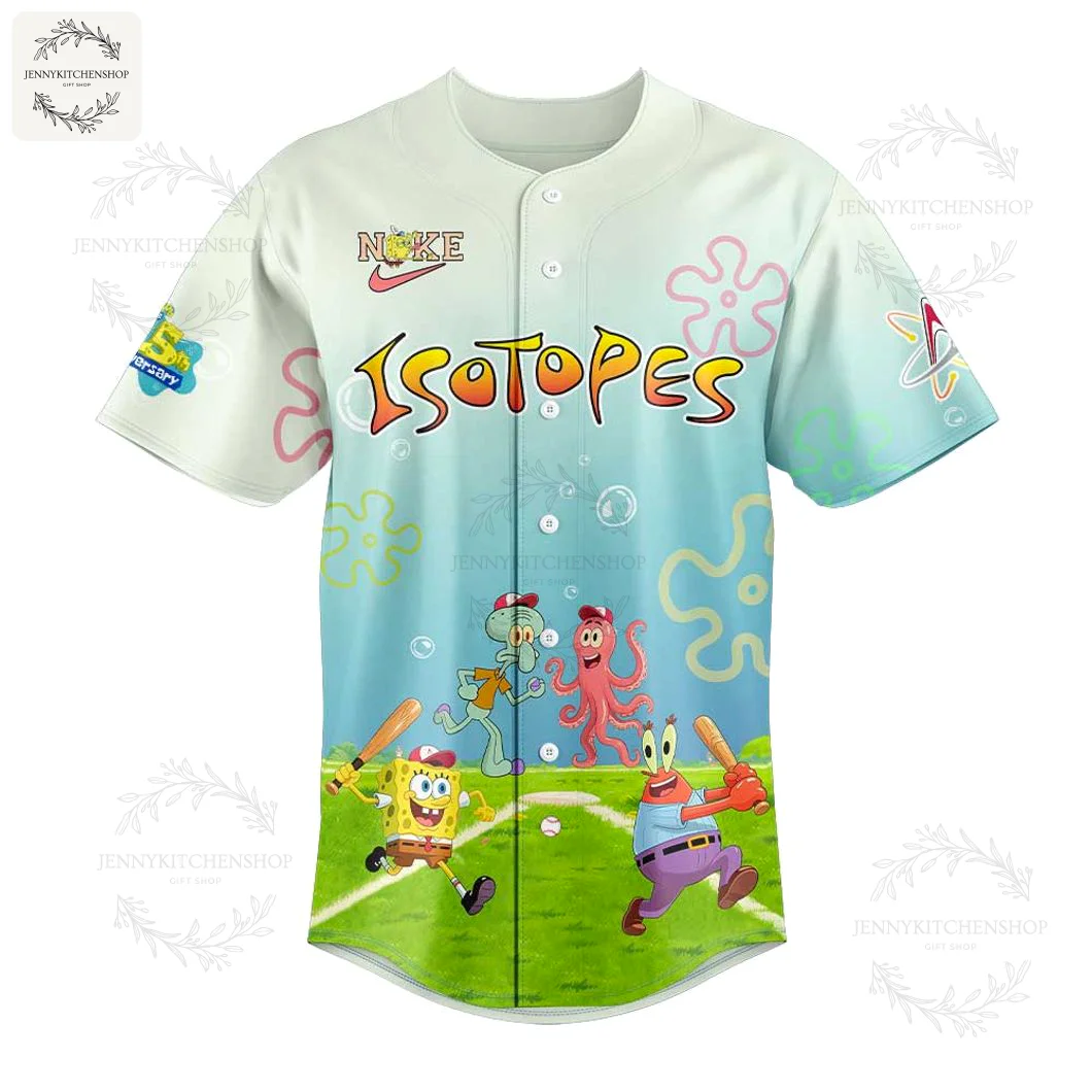 Front of the Albuquerque Isotopes SpongeBob jersey featuring SpongeBob, Squidward, and friends playing baseball on the field.
