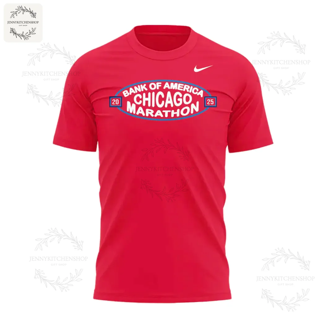 Front view of the red Nike t-shirt for the 2025 Bank of America Chicago Marathon, showing the event logo on the chest.