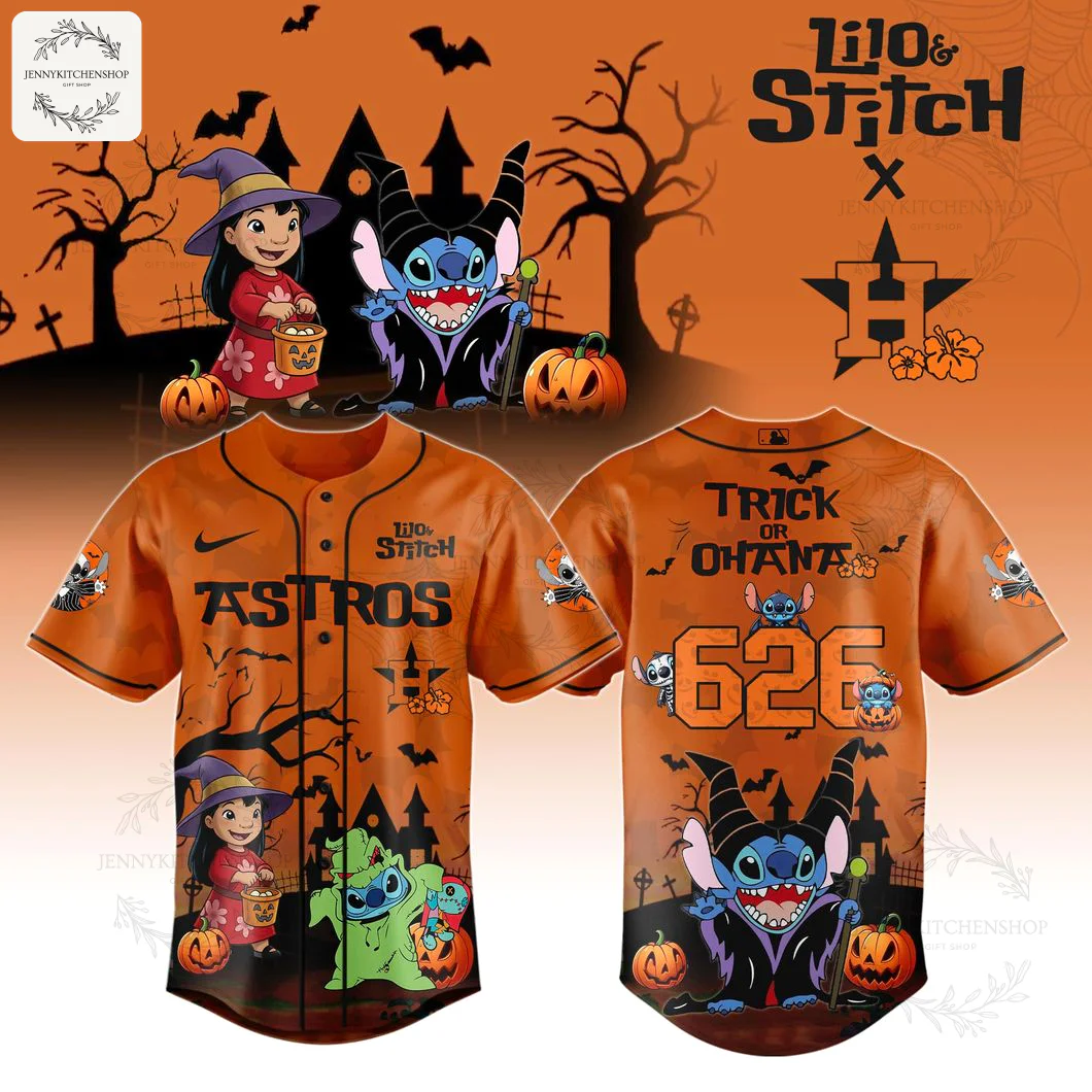 A promo image showing the front and back of the orange Houston Astros Halloween jersey with a Lilo & Stitch "Trick Or Ohana" theme.