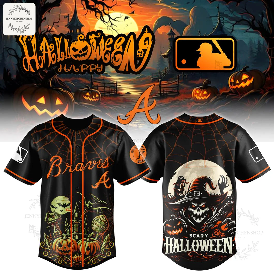 Front and back of an Atlanta Braves Halloween baseball jersey featuring spooky graphics like a haunted house and a scary scarecrow.