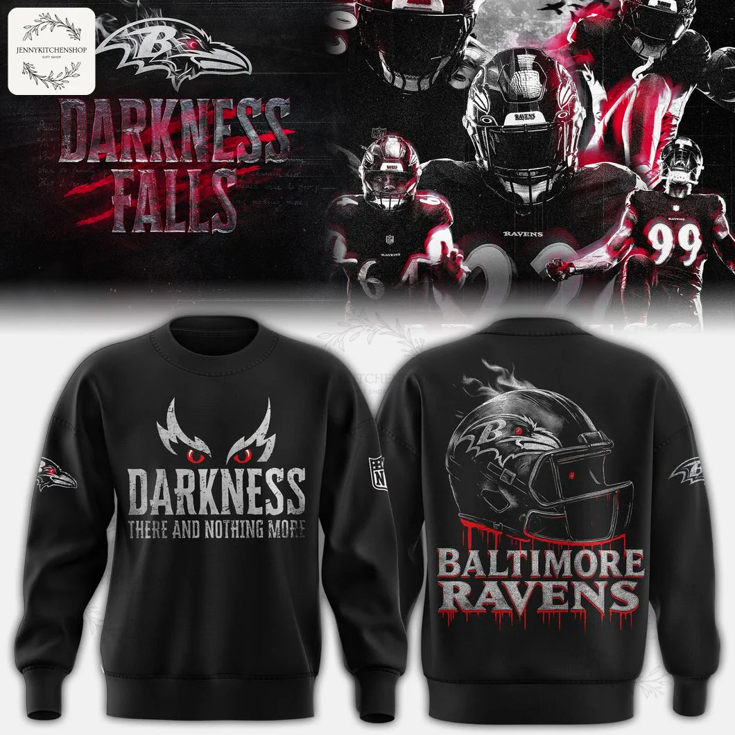 Front and back view of the Baltimore Ravens All-Black Darkness Sweatshirt, featuring a "Darkness" design and a flaming helmet graphic.