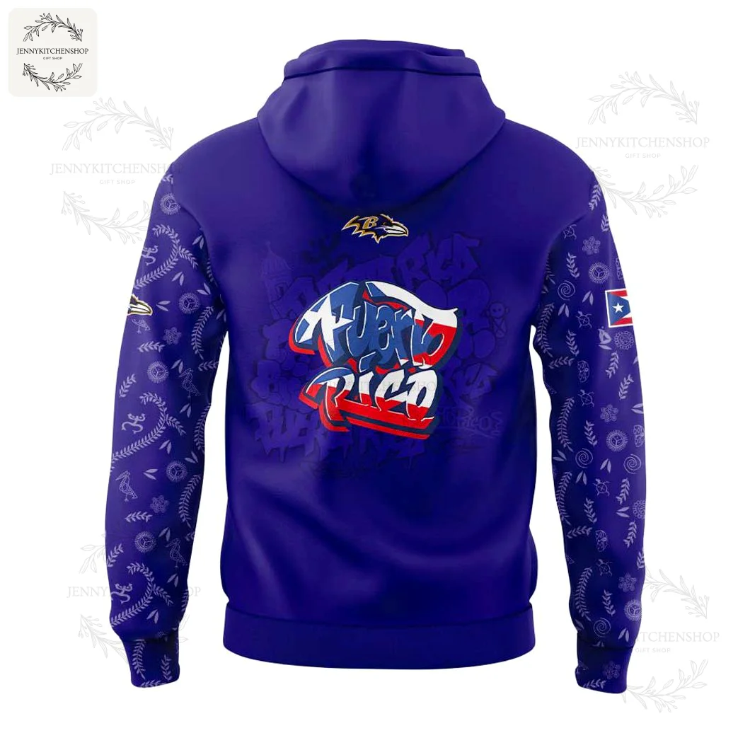 Back View of the Baltimore Ravens Puerto Rican Heritage Hoodie The back of the purple Baltimore Ravens hoodie, featuring a large graffiti-style "Puerto Rico" graphic with flag colors.