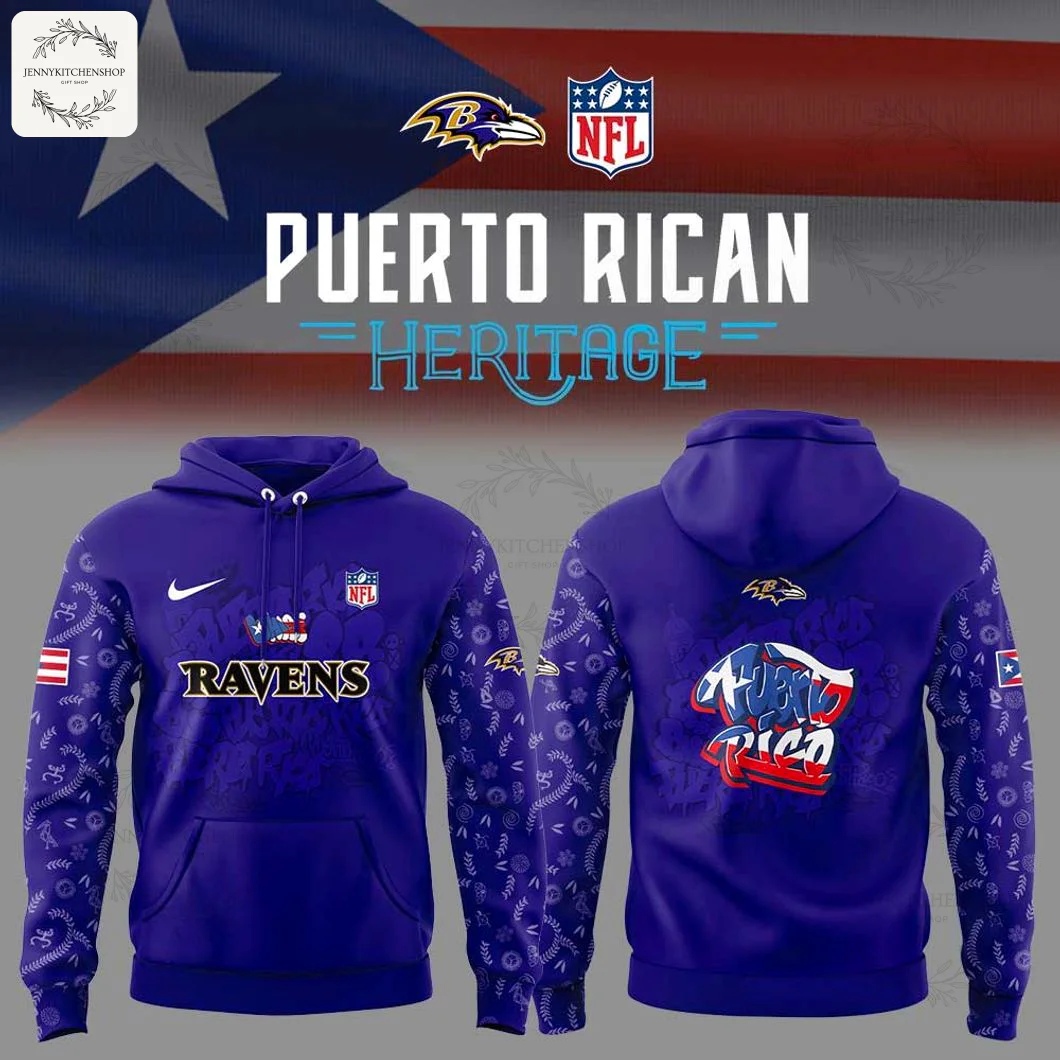 Front and back views of the purple Baltimore Ravens Puerto Rican Heritage hoodie displayed against a Puerto Rican flag background.