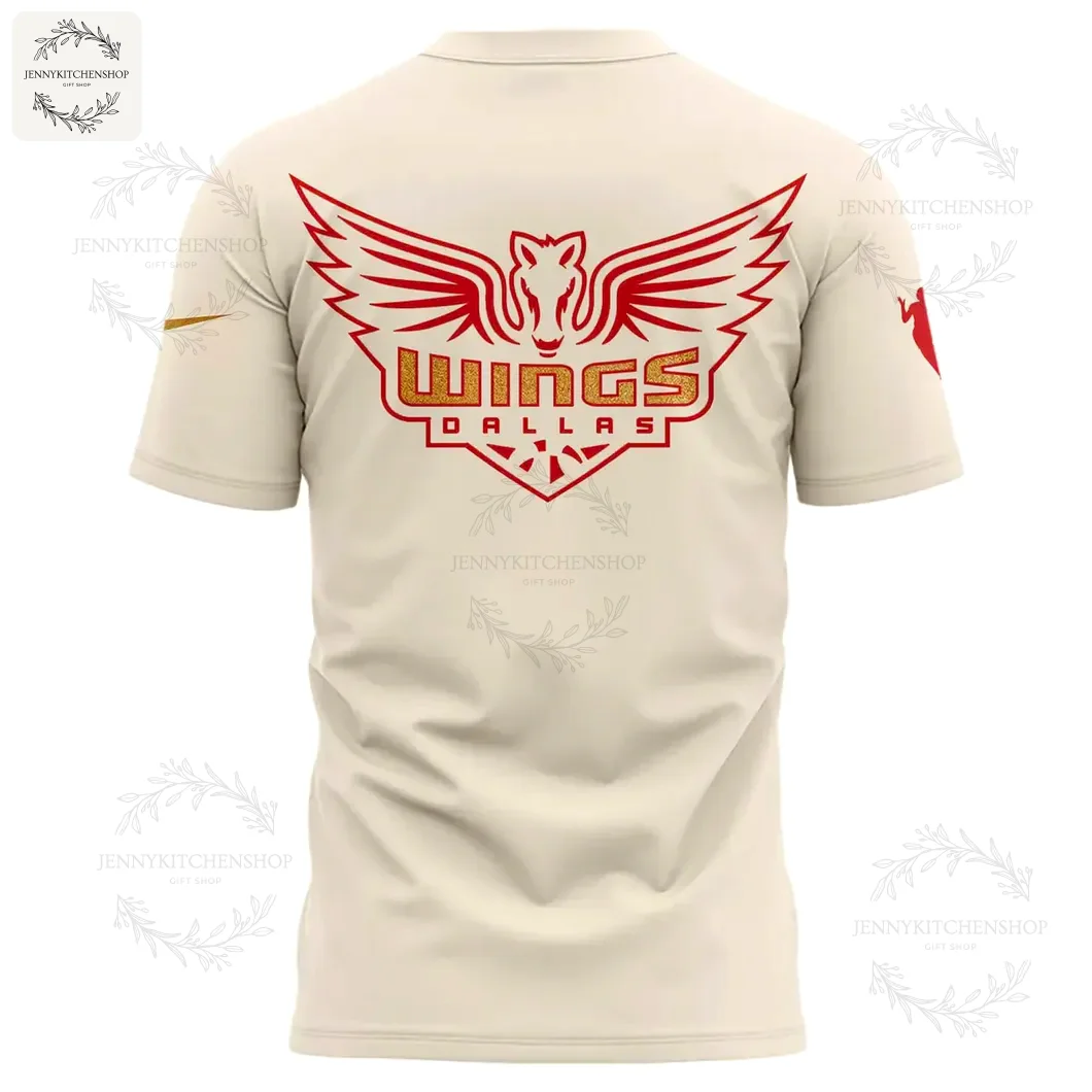 Back view of the beige Paige Bueckers t-shirt showing a large red and gold Dallas Wings logo with a winged horse head.
