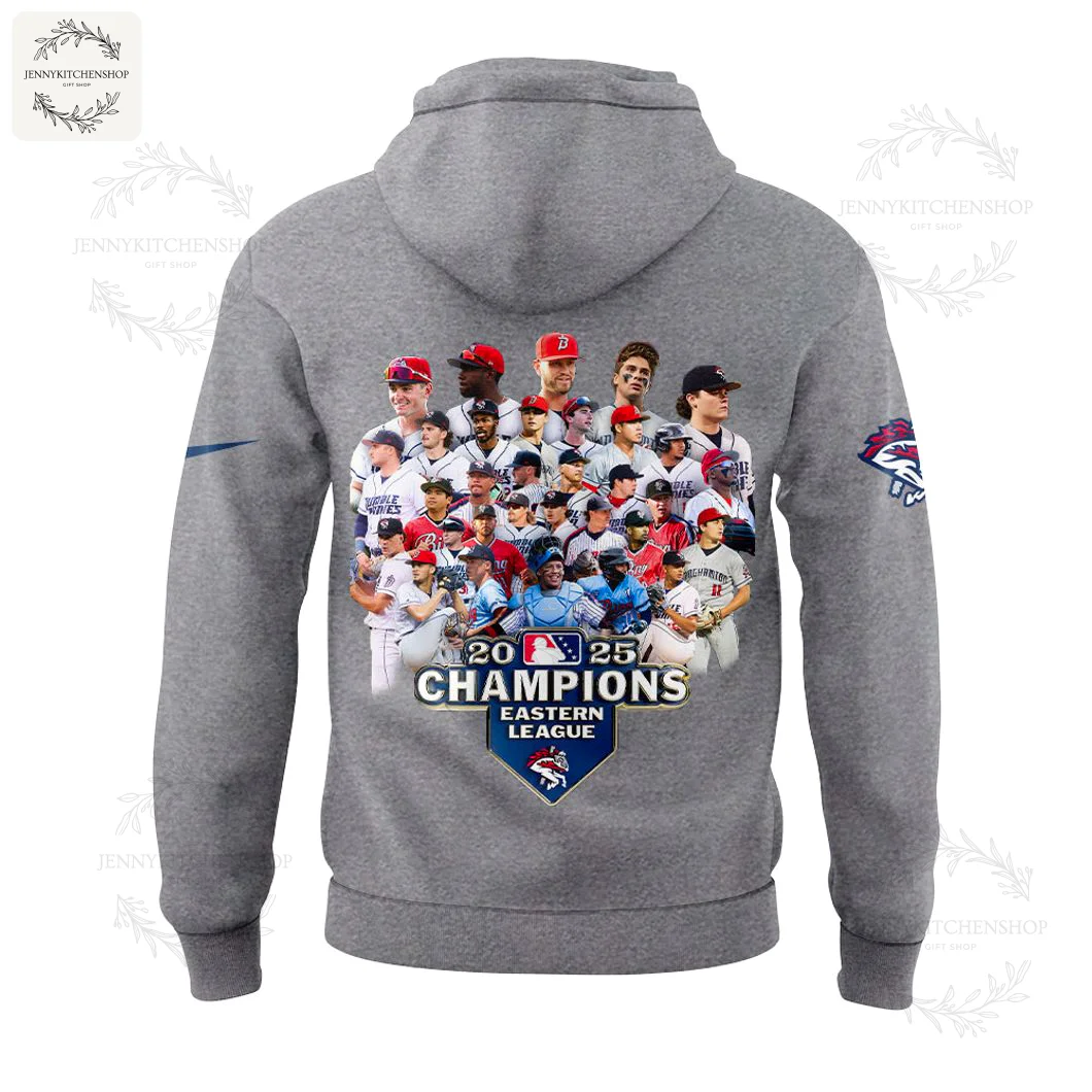 Back View of the Binghamton Rumble Ponies 2025 Champions Hoodie Back of the grey Binghamton Rumble Ponies 2025 champions hoodie featuring a collage of player photos and the league logo.