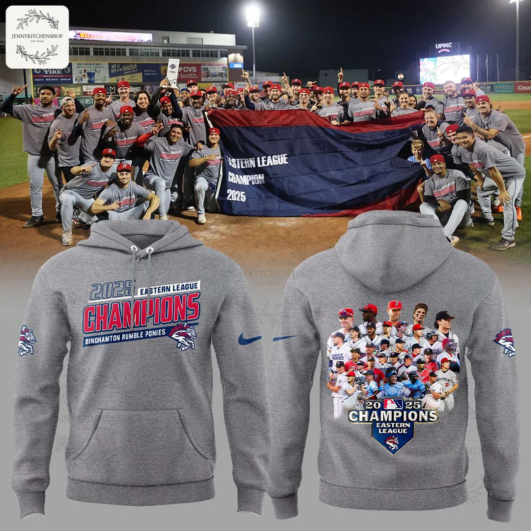 Binghamton Rumble Ponies 2025 Eastern League Champions grey hoodie with team celebration photo, showing front and back designs.