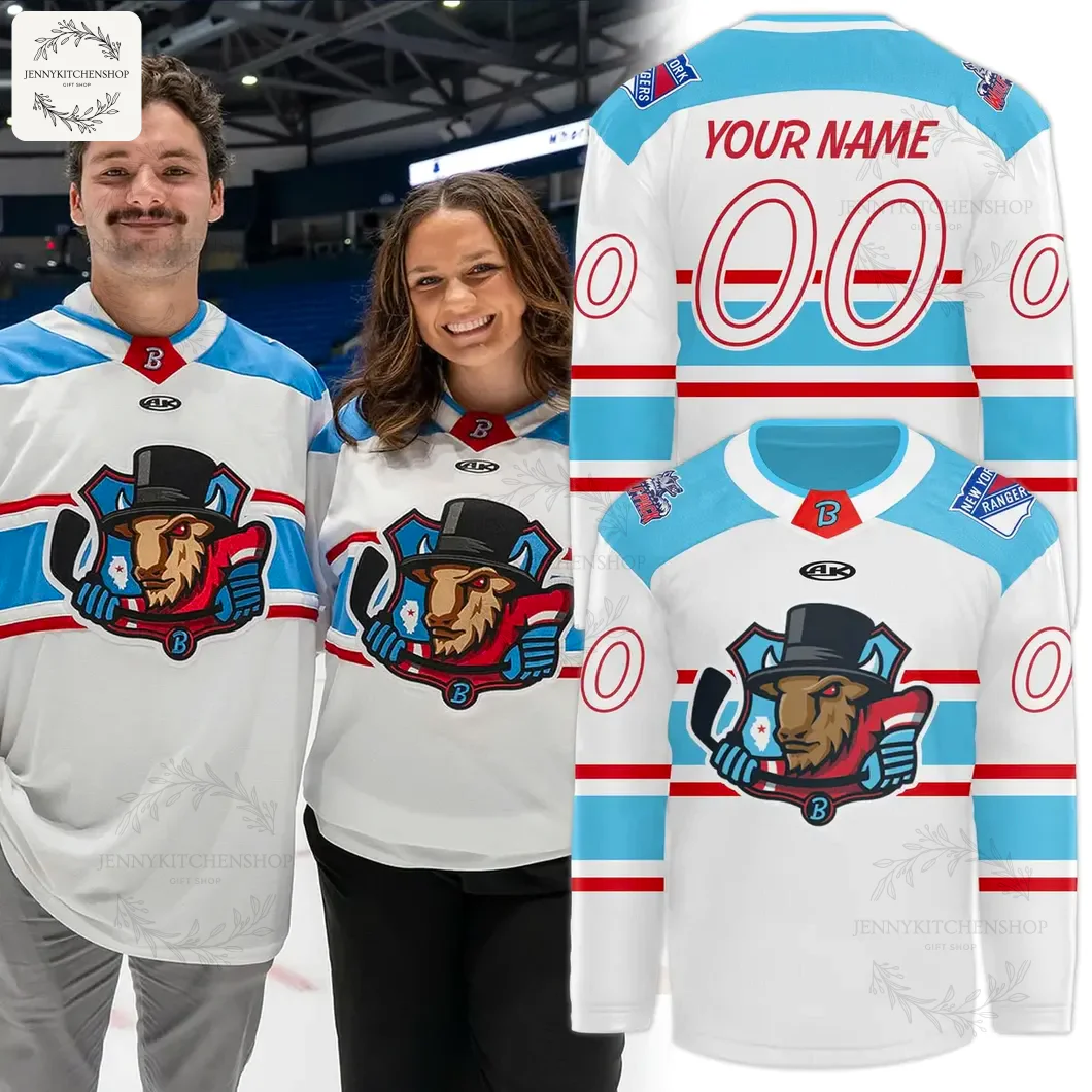 A man and woman wearing the new Bloomington Bison hockey jersey, alongside detailed front and customizable back product views.