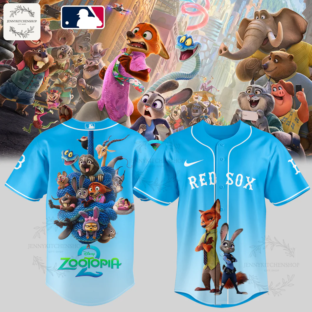 Front and back view of a light blue Boston Red Sox jersey featuring characters from Disney's Zootopia 2 like Judy and Nick.