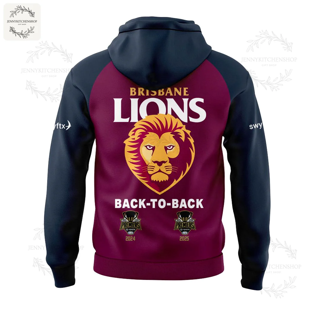Back View of the Brisbane Lions Back To Back Premiers Hoodie Back view of the Brisbane Lions hoodie featuring a large lion logo and 'Back-To-Back' 2024-2025 Premiers patches.