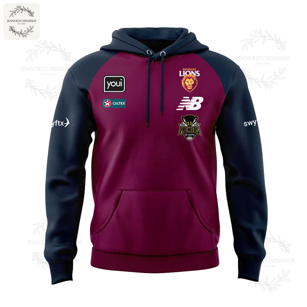 Front view of the maroon and navy Brisbane Lions Back To Back Premiers hoodie showing team and sponsor logos.