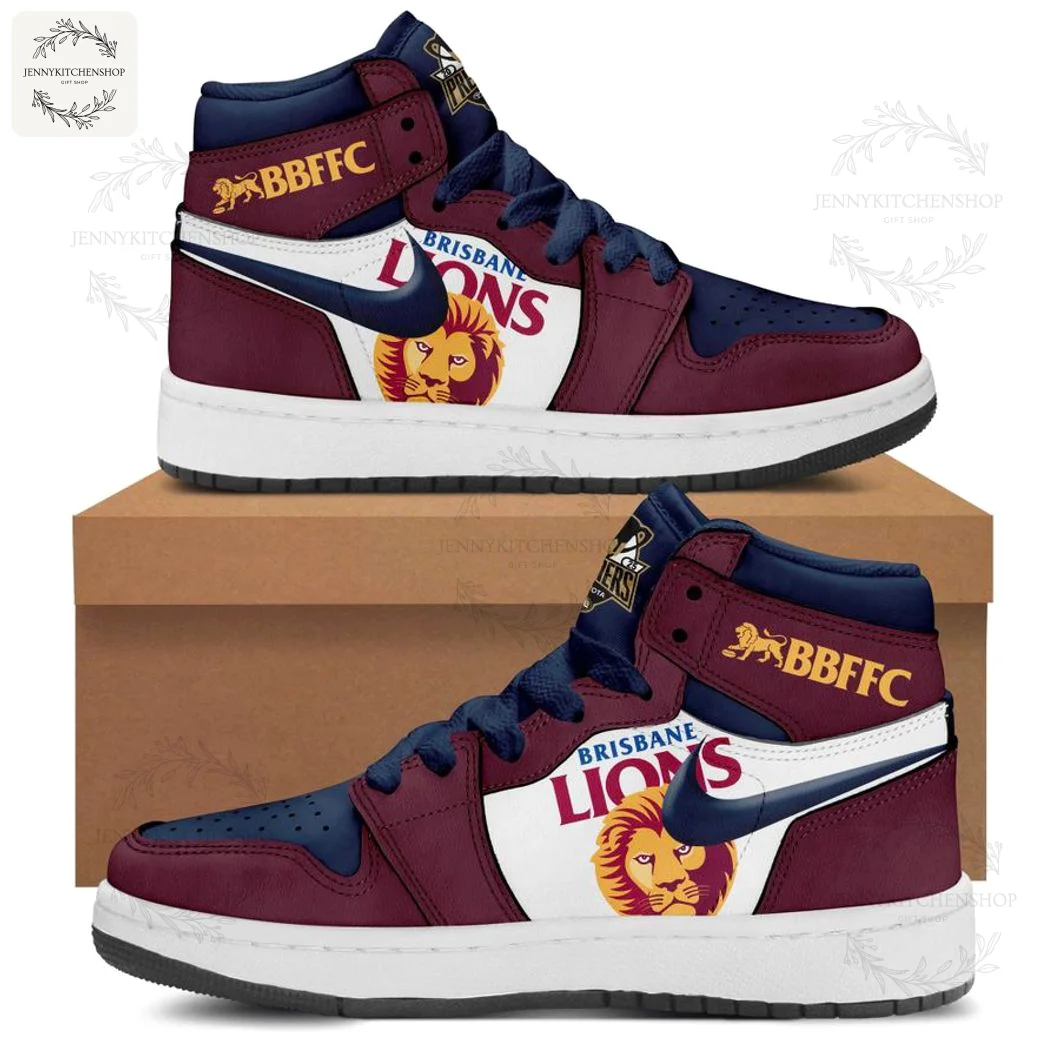 A pair of Official 2025 AFL Brisbane Lions Premiers Sneakers in maroon and navy, with the team logo displayed on the side.