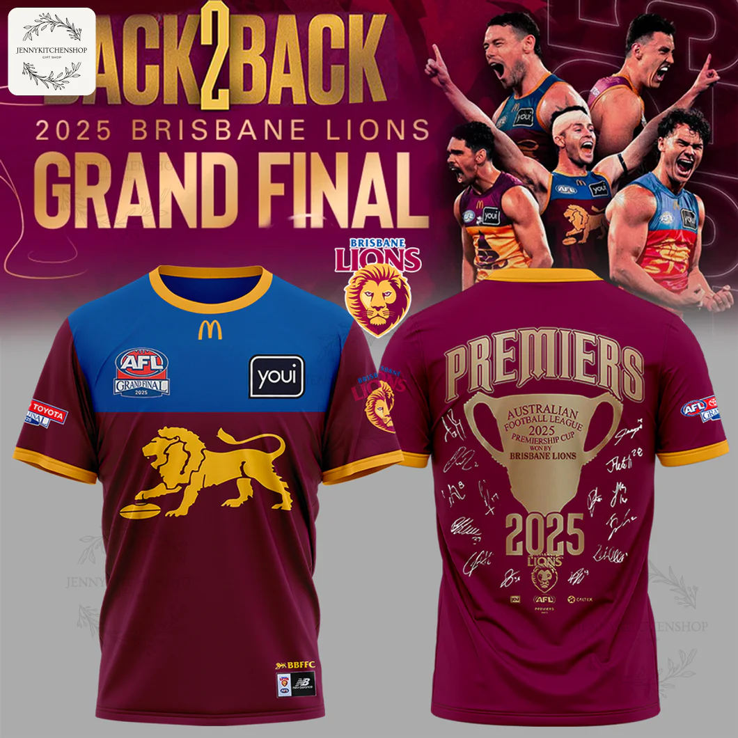 Front view of a burgundy and blue Brisbane Lions 2025 T-Shirt with a gold lion emblem and color-block design.