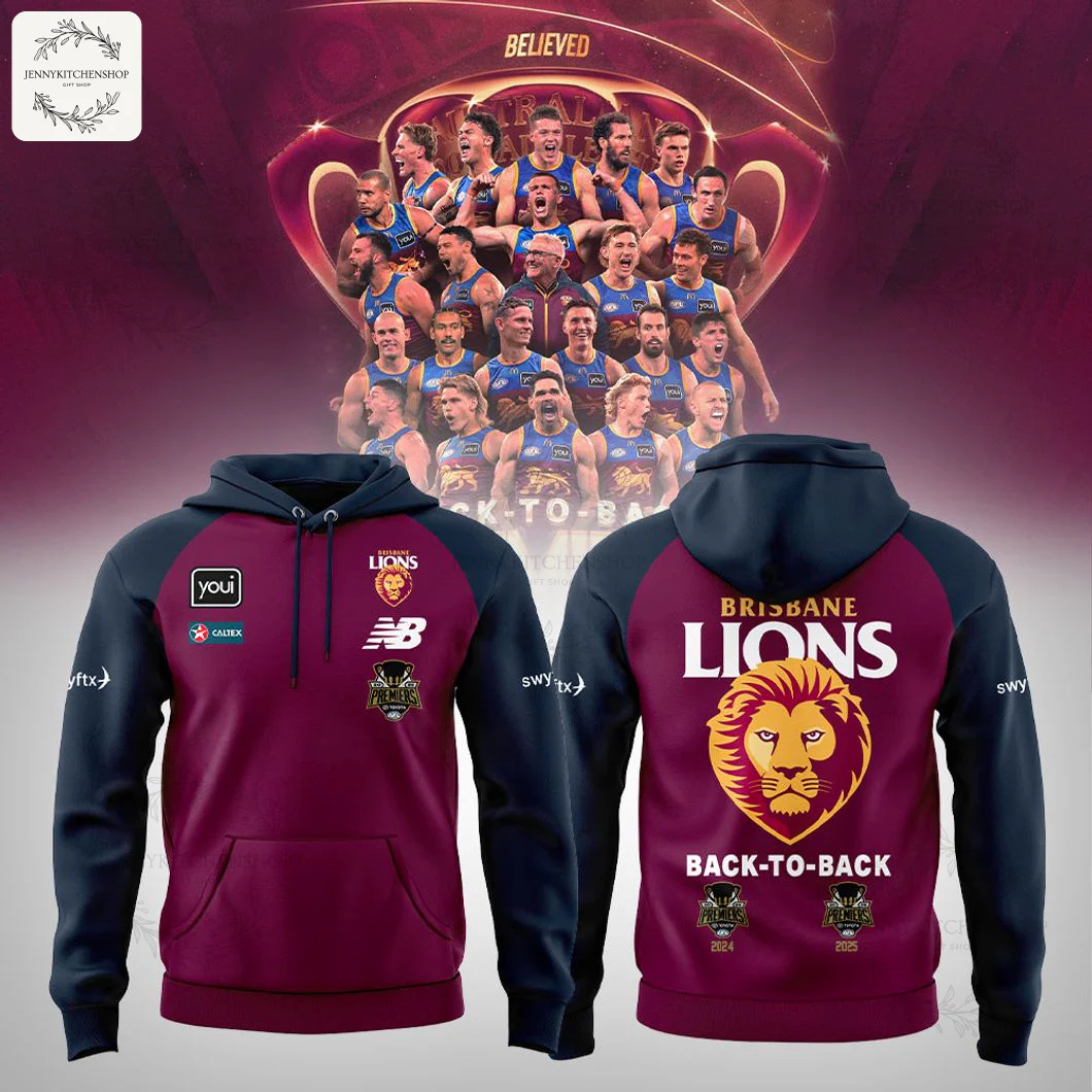 Front and back of the Brisbane Lions 2024-2025 Premiers hoodie with a celebratory team graphic in the background.