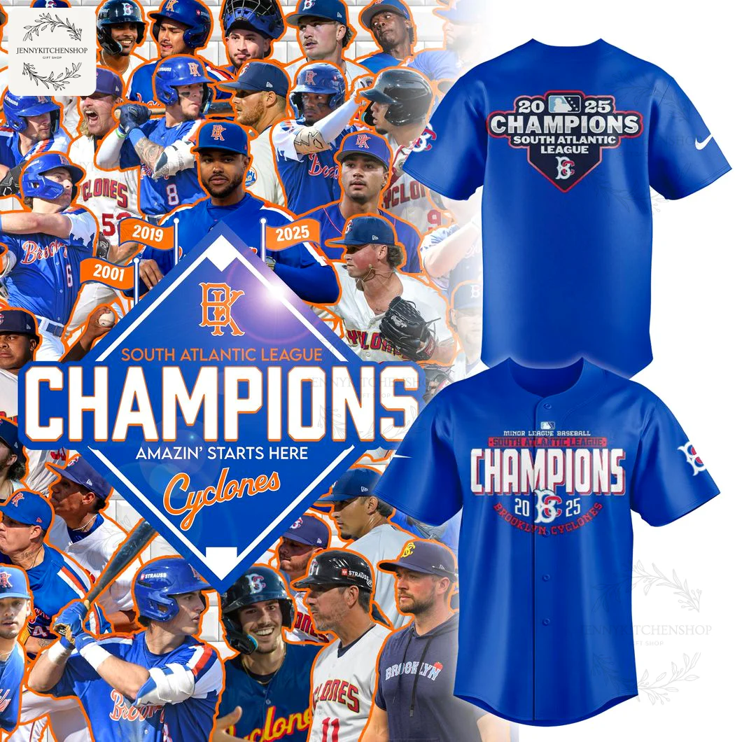 Two styles of the royal blue Brooklyn Cyclones 2025 Champions jersey displayed over a collage of team players and graphics.