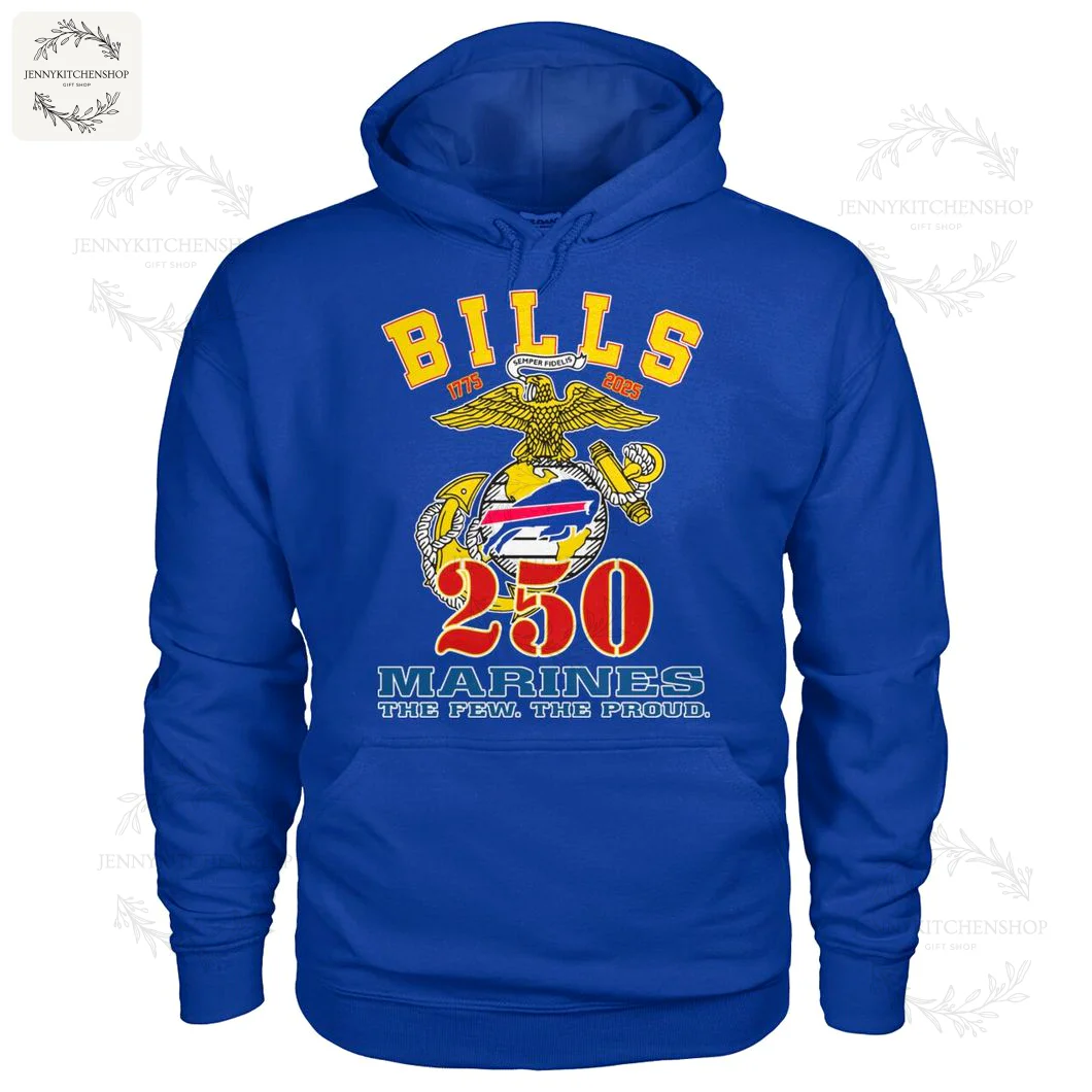 Buffalo Bills 250 Marines The Few The Proud Hoodie Front view of a royal blue pullover hoodie with the Buffalo Bills and US Marines 250th anniversary tribute design.