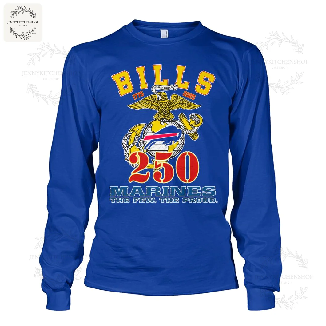 Front view of a royal blue long-sleeve shirt with a Buffalo Bills and US Marines 250th anniversary tribute design.