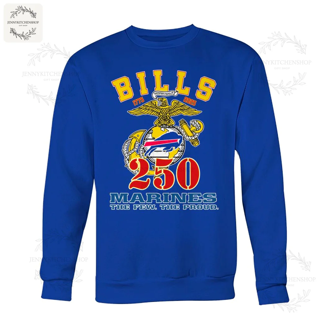 Buffalo Bills 250 Marines The Few The Proud Sweatshirt Front view of a royal blue crewneck sweatshirt featuring the Buffalo Bills and US Marines 250th anniversary design.