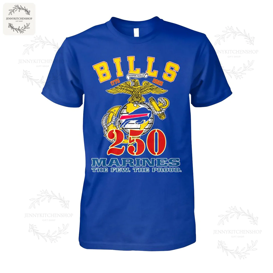 Front view of a royal blue t-shirt featuring a Buffalo Bills and US Marines 250th anniversary tribute design.
