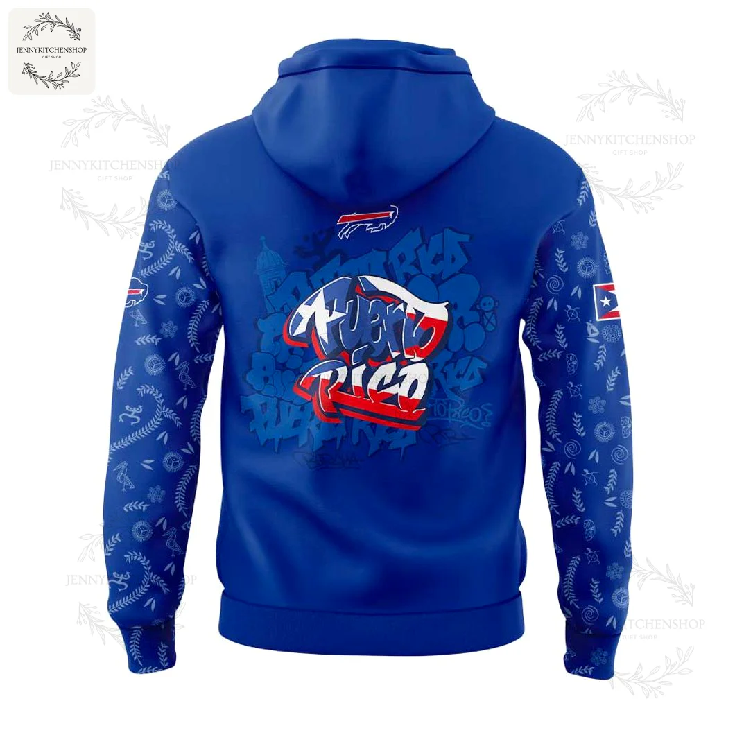 Back View of the Buffalo Bills Puerto Rican Heritage Hoodie Back of the royal blue Buffalo Bills hoodie with a large graffiti graphic of "Puerto Rico" filled with the Puerto Rican flag colors.