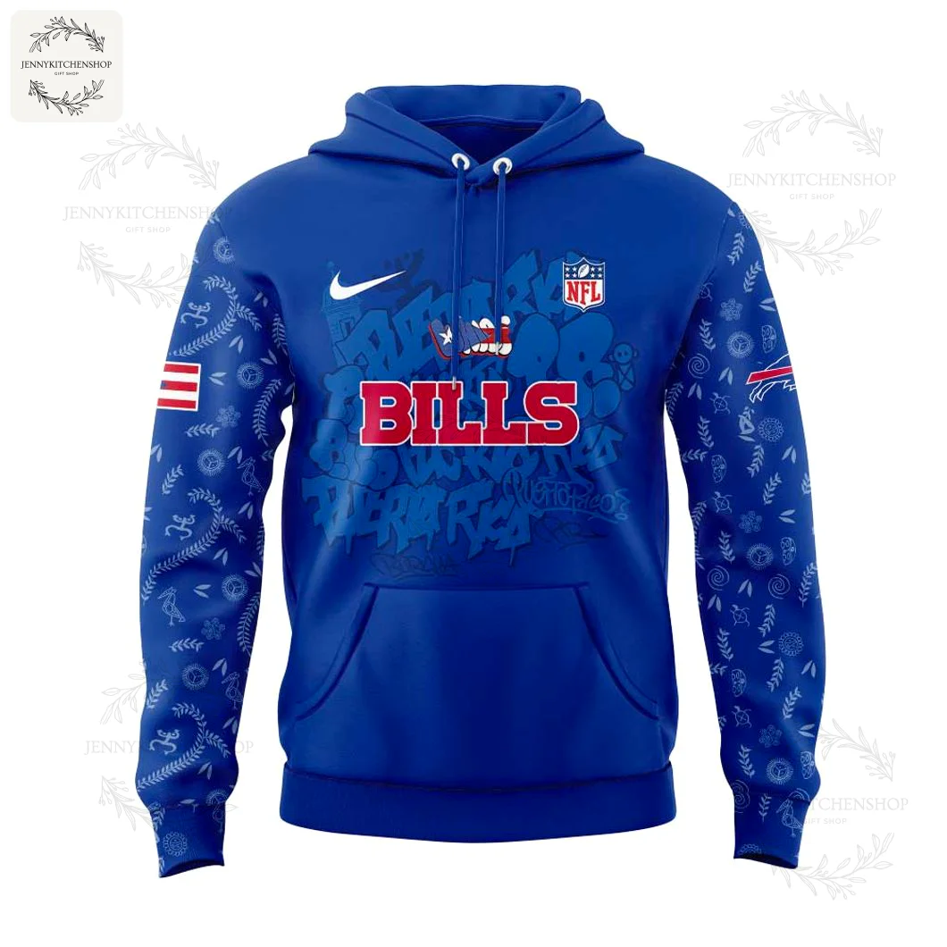 Front of the royal blue Buffalo Bills hoodie featuring a graffiti-style "BILLS" design and Puerto Rican heritage-themed sleeve patterns.