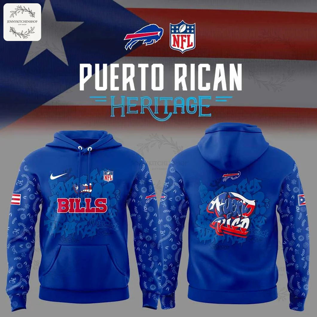 A promotional image showing the front and back of the Buffalo Bills Puerto Rican Heritage hoodie against a Puerto Rican flag background.