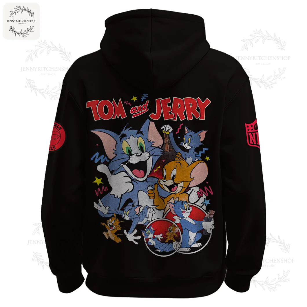 Back View of the Buffalo Bills Tom and Jerry Hoodie Back of the black Buffalo Bills hoodie featuring a large, colorful graphic of Tom and Jerry characters and their classic logo.