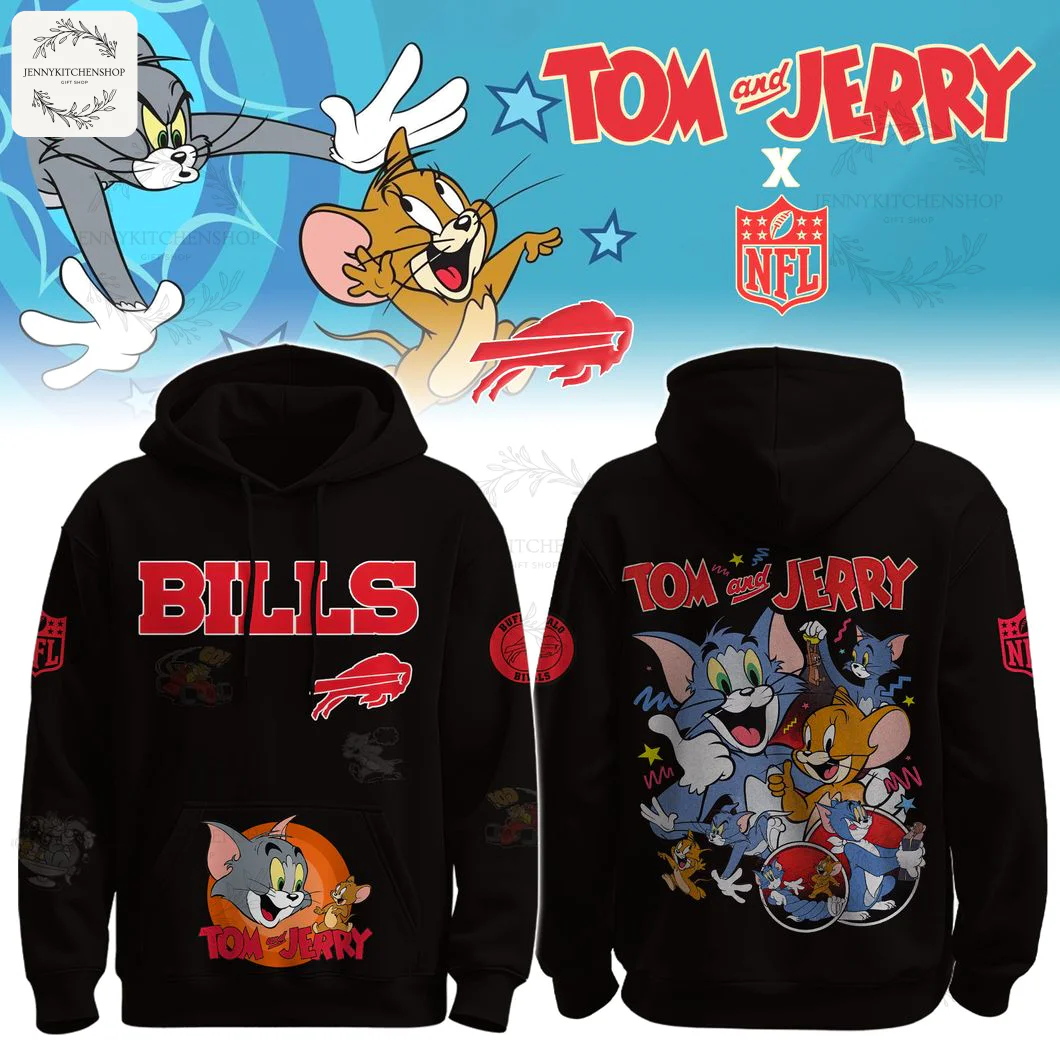 A black hoodie featuring a collaboration between the Buffalo Bills and Tom and Jerry, showing both the front and back designs.