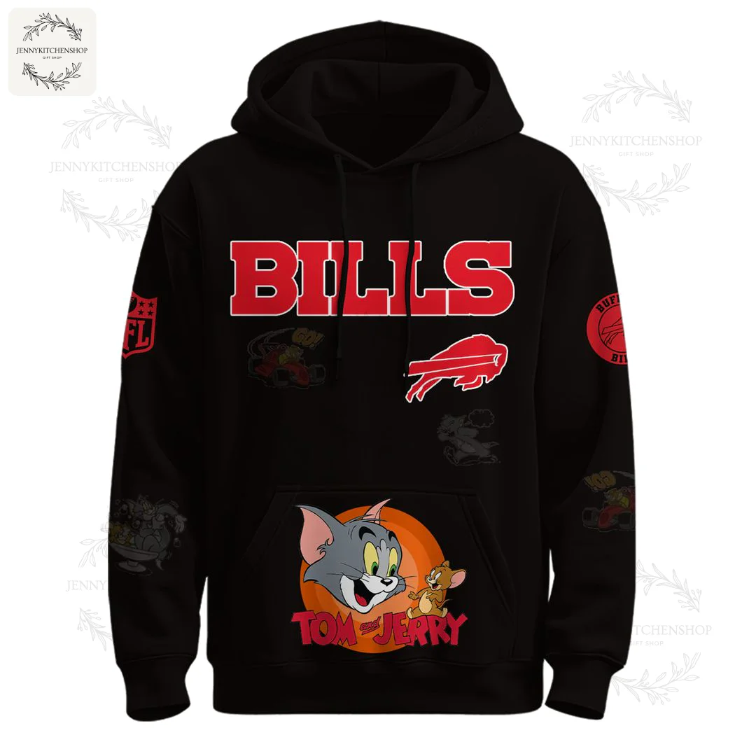 Front of the black Buffalo Bills hoodie with red "BILLS" text, team logo, and a graphic of Tom and Jerry on the pocket.