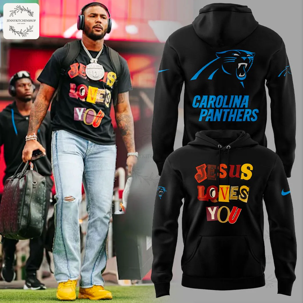 A player wearing the shirt version next to mockups of the Carolina Panthers Jesus Loves You hoodie, showing front and back.