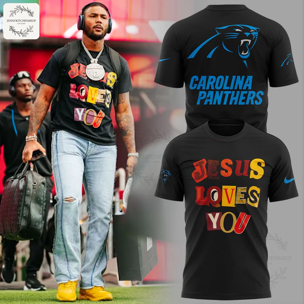 A player wearing the Jesus Loves You shirt next to mockups of the Carolina Panthers t-shirt showing the front and back designs.