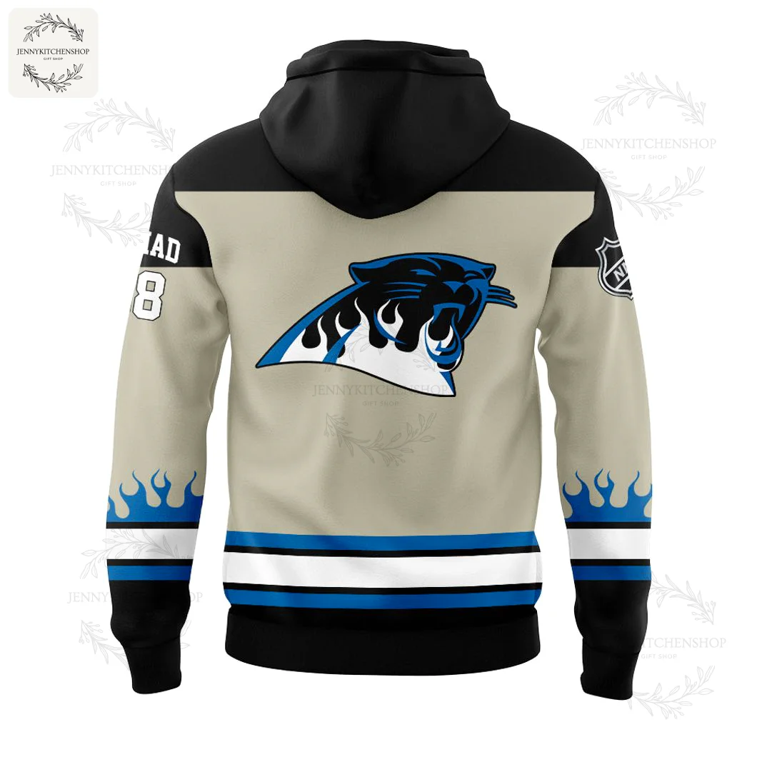 Back View of the Carolina Panthers New Jersey Devils Ice Mode Hoodie Back of the Carolina Panthers New Jersey Devils hoodie, displaying the Panthers logo with blue flame details and customizable name area.