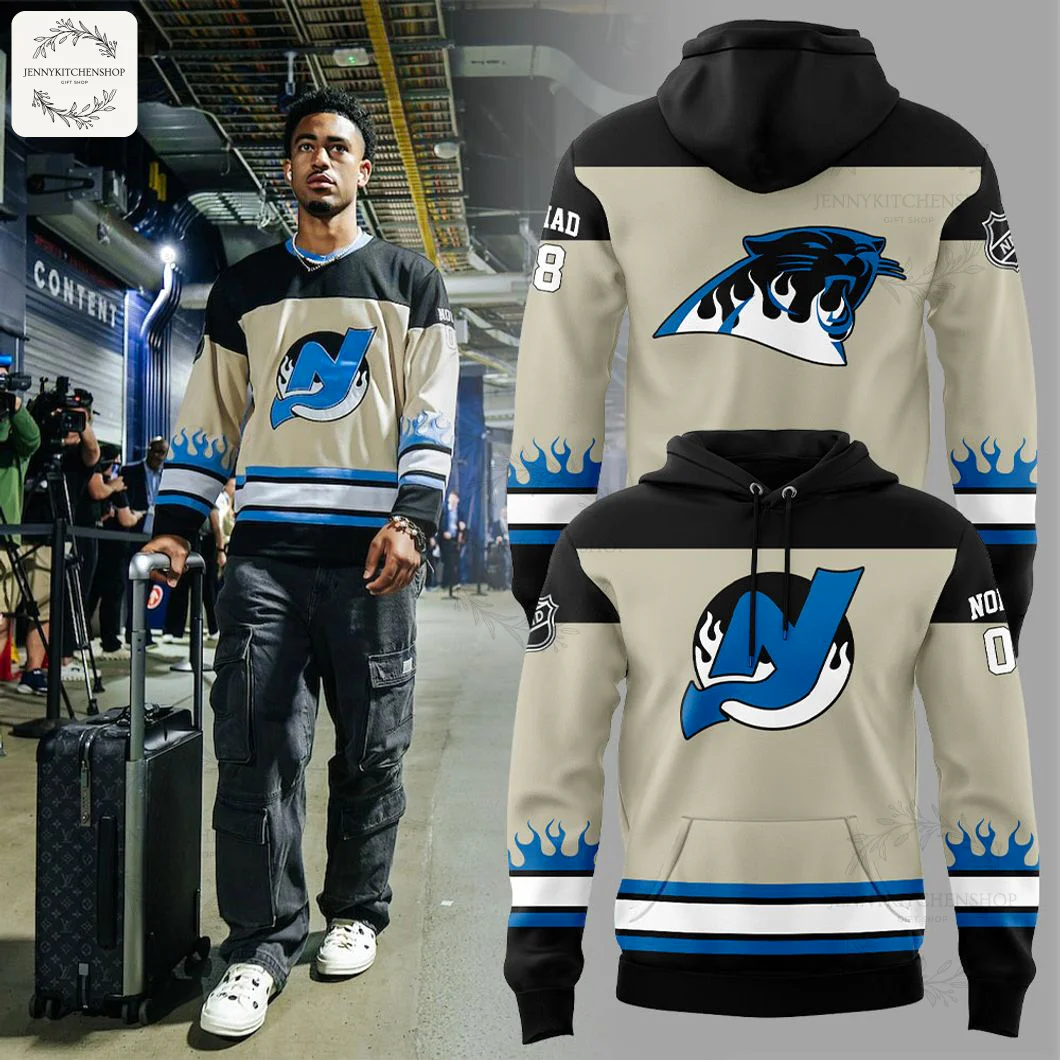 Collage showing a model wearing a similar jersey and front and back views of the Carolina Panthers New Jersey Devils hoodie.