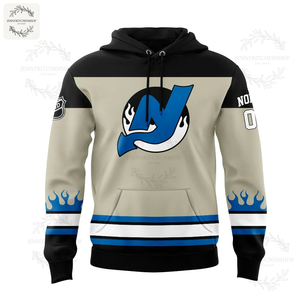 Front of the Carolina Panthers New Jersey Devils hoodie, featuring the Devils logo surrounded by blue flames on a tan and black base.
