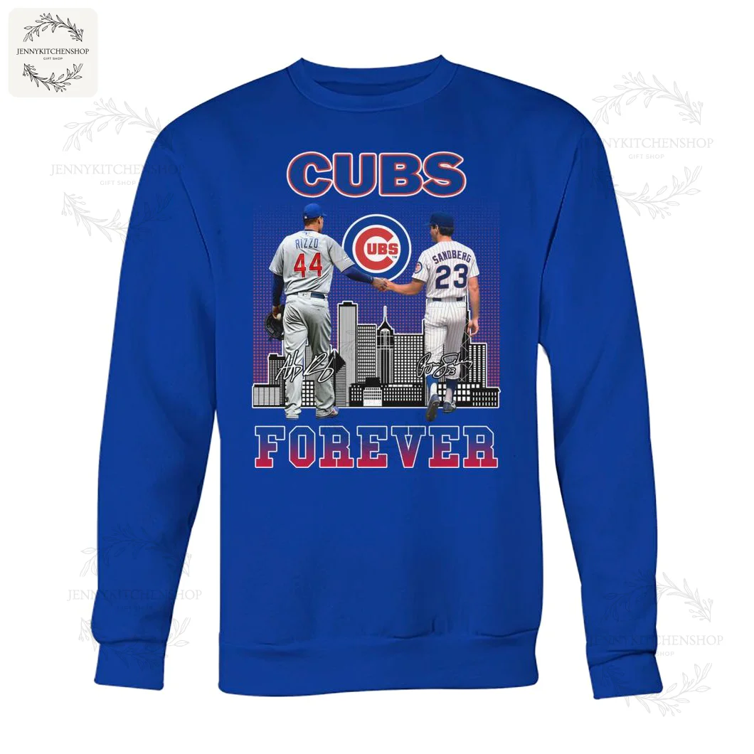 Back of the blue T-shirt with graphic of Rizzo and Sandberg shaking hands, city skyline, Cubs logo, and "Forever" text