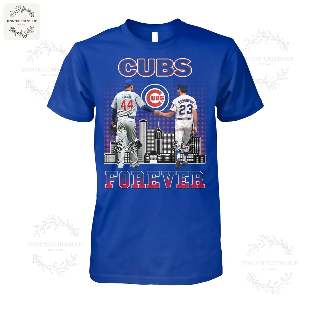 T-shirt displaying players Rizzo and Sandberg shaking hands over a city skyline with Cubs logo and the words "Chicago Cubs Forever"