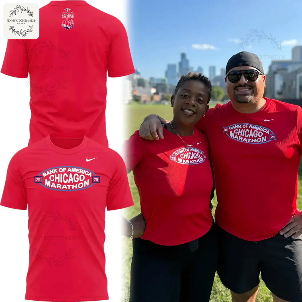 A man and woman wearing the red Bank of America Chicago Marathon 2025 t-shirt, with product shots of the front and back.