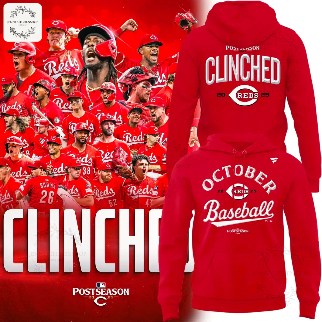 Front and back views of the red Cincinnati Reds 2025 MLB Postseason hoodie, shown next to the team's 'Clinched' celebration photo.