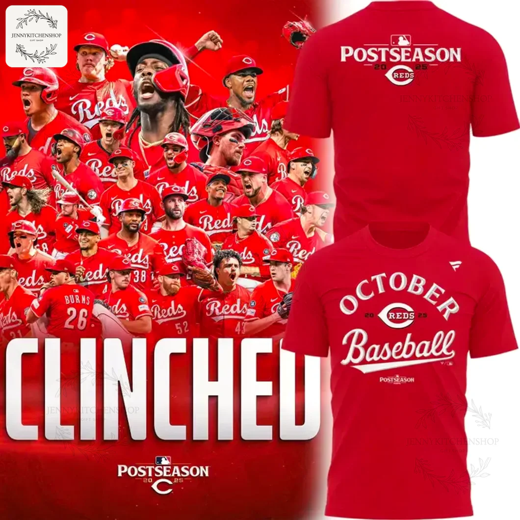 Composite image of the Cincinnati Reds team celebrating and front and back views of the red 2025 MLB Postseason t-shirt.
